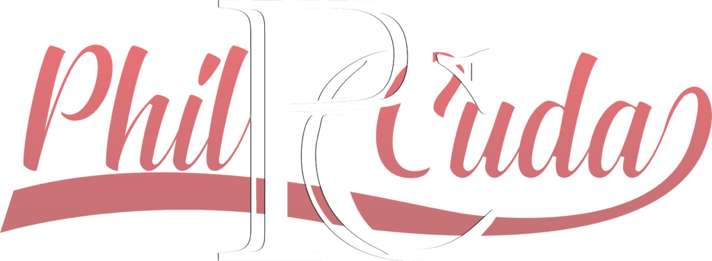 Logo for author Phil Cuda featuring the name "Phil Cuda" in dark red cursive font with large, intertwined white initials "P" and "C" in the center against a black background.