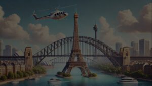 A composite landscape image featuring the Eiffel Tower positioned in front of the Sydney Harbour Bridge, with a helicopter flying overhead and boats navigating a river below.